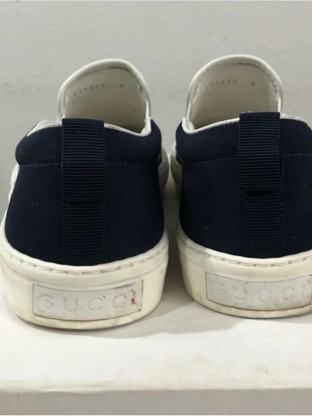 Gucci Navy & White Embroidered Slip-On Loafers